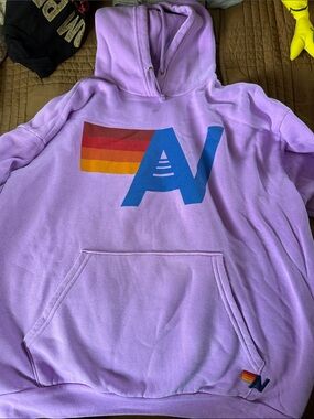 Aviator Nation Lavender Crewneck with Yellow & Orange Stripe